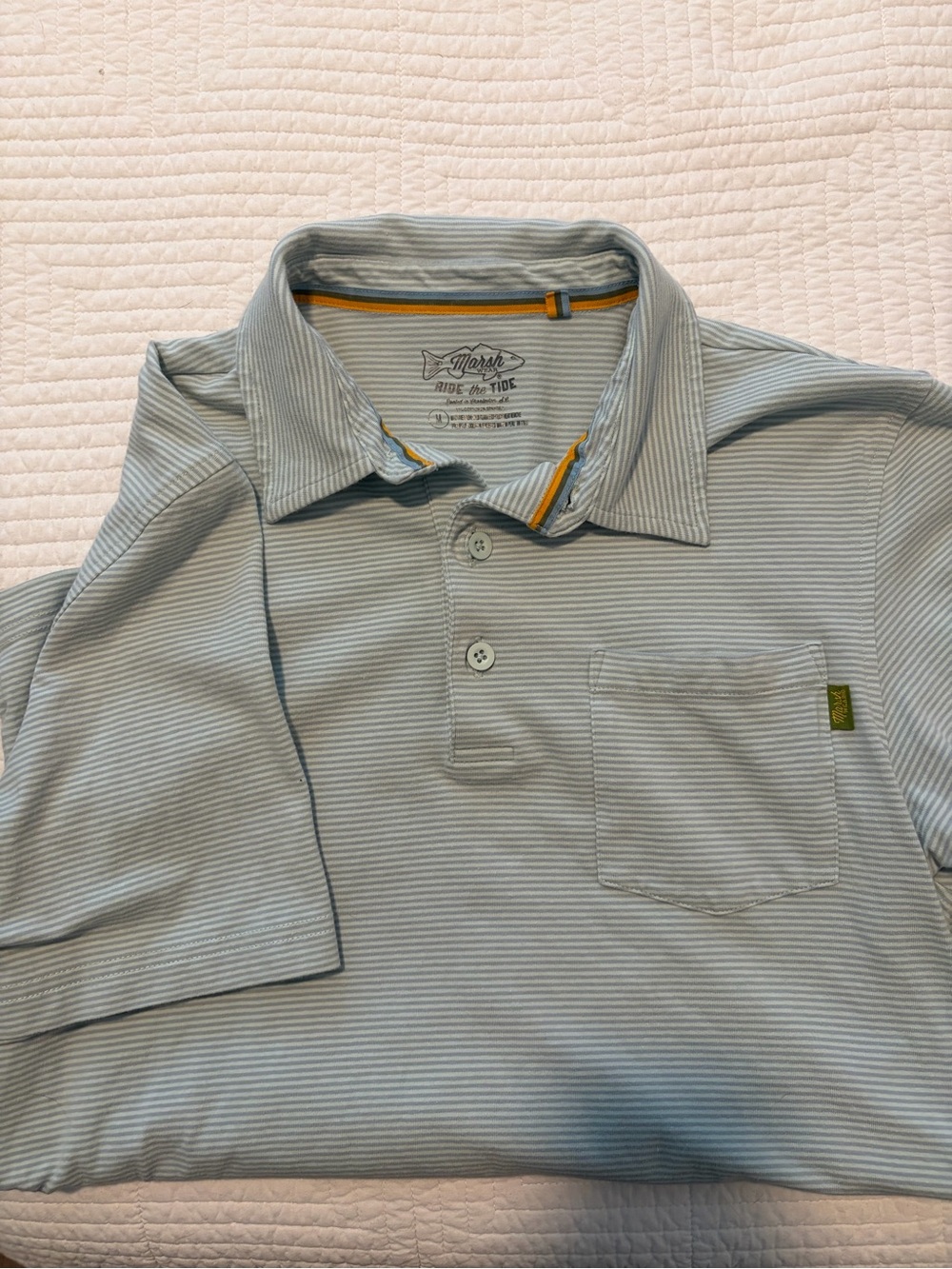 Marsh Wear Men's Pale Blue Fine-Striped Polo with Yellow Trim